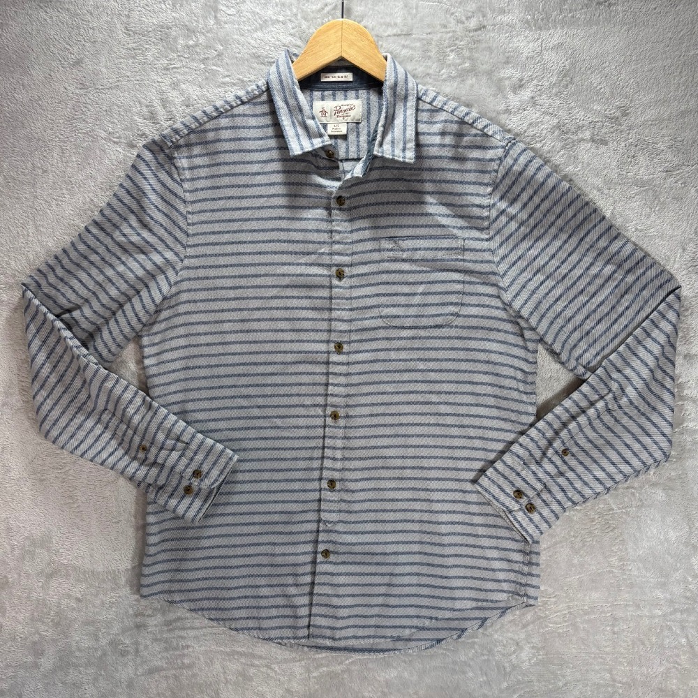 Original Penguin Mens Heritage Slim Fit Striped Button Down Shirt L Blue